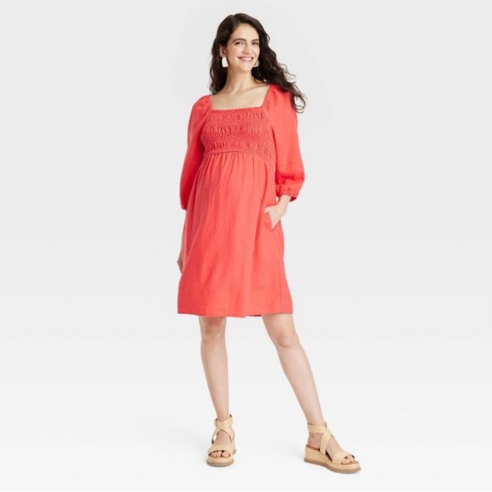 ❤️ Ingrid & Isabel Maternity Red Coral Puff Sleeve Midi Dress ❤️